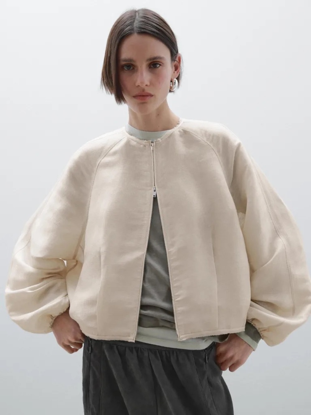 Massimo Dutti Frayed Linen and Silk Bomber Jacket